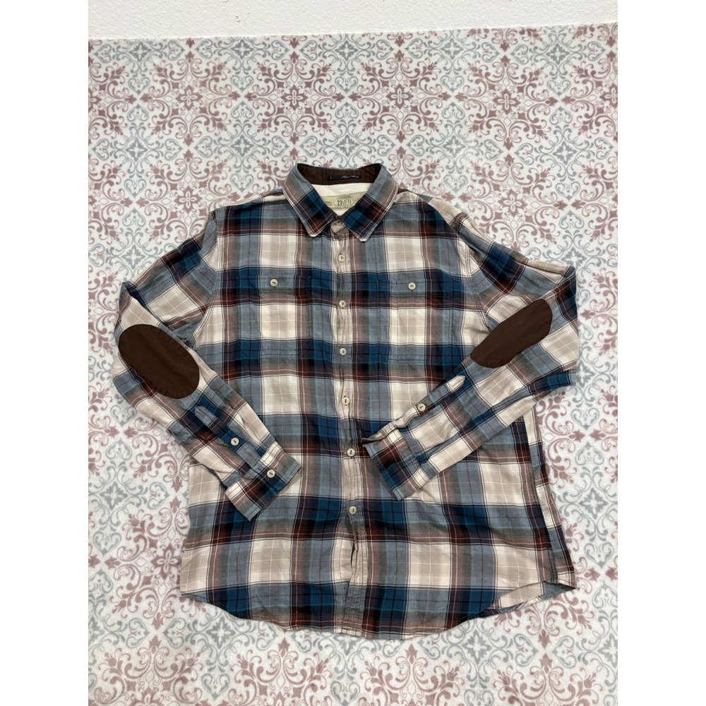 21Men Mens XL Plaid Button Down Shirt Blue Brown Elbow Patches Fitted Cotton